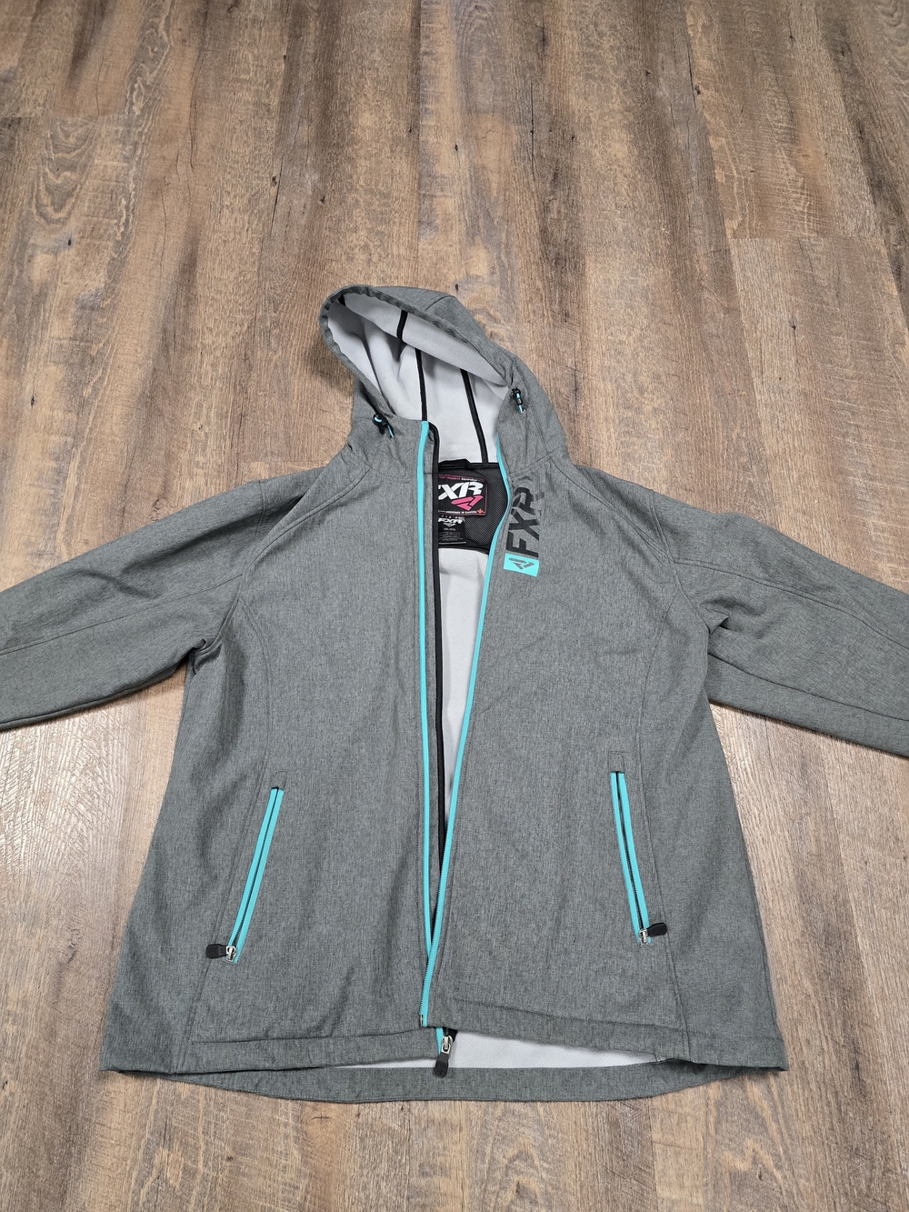 Women's Gray Hooded Lightweight FXR Jacket with Teal Trim